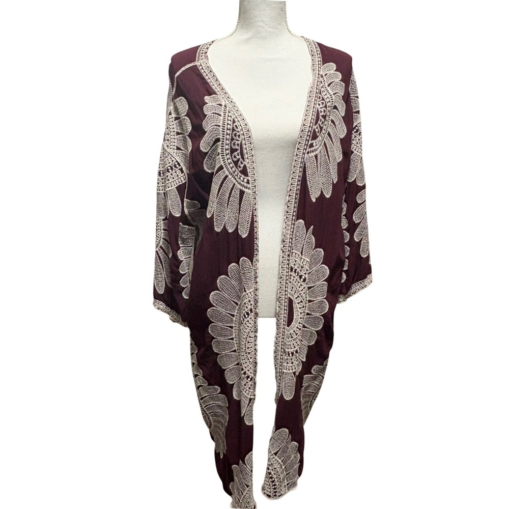 Cato Women Kimono Cardigan Duster 22/24 Burgundy Embroidered Longline Festival
